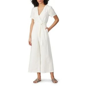 Greylin Jena Pouf Sleeve Linen Jumpsuit White Wide Leg Lightweight Lined Size L